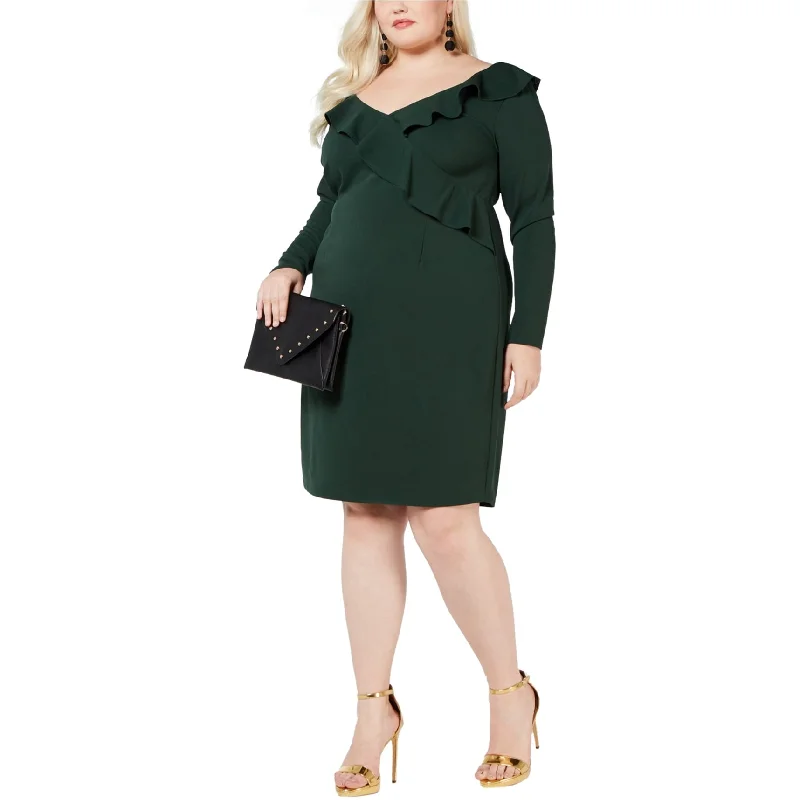 Women's Elegant Clothes Love Squared Womens Ruffle Trim Cocktail Dress, Green, 1X
