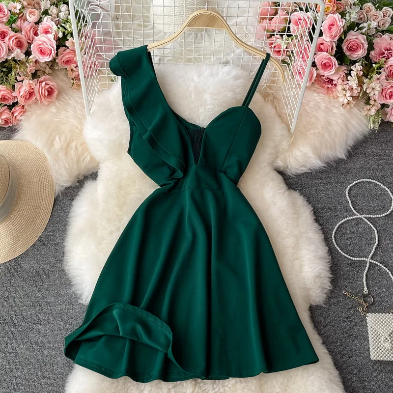 Holiday Special Offers Slim slant neck off shoulder dress fluffy skirt  3200