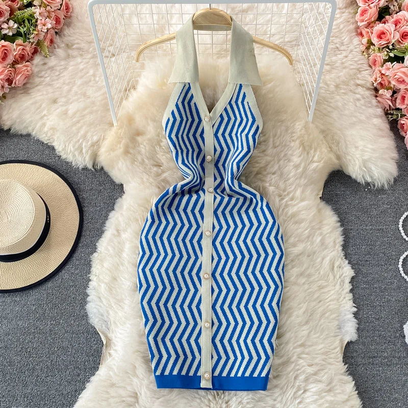 Timeless Women's Fashion Styles Sexy V-neck hanging neck exposed backpack hip knitted dress  3327