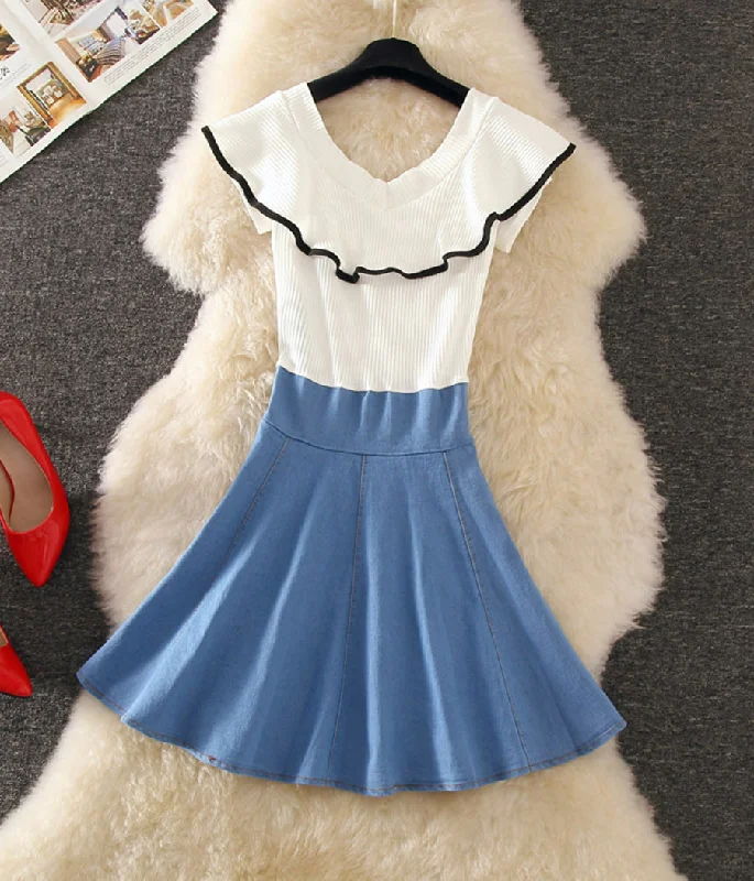 Women's Clothing for Every Occasion Cute v neck denim stitching dress summer dress  1251