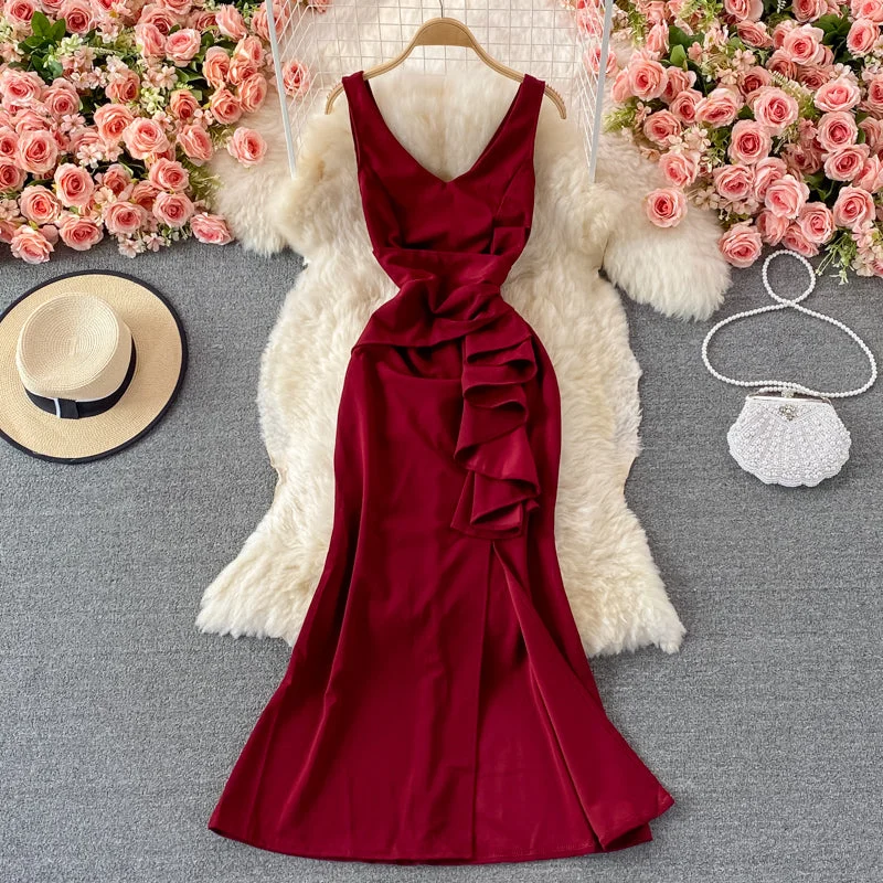 Women's Formal Event Outfit Red v neck dress fashion dress  423