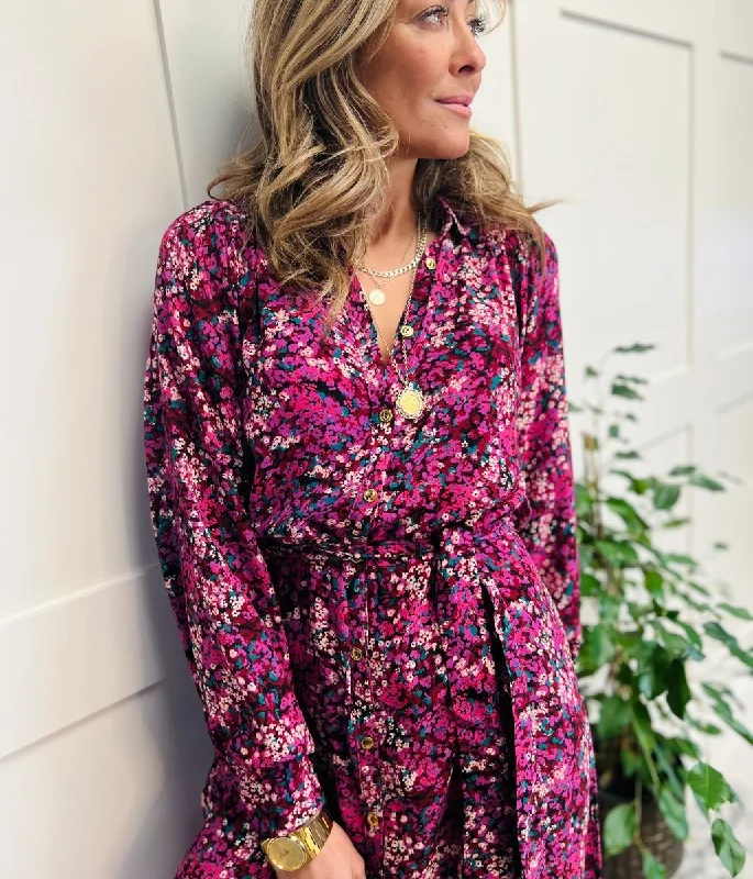 Relaxed Style Berry Floral Print Midi Shirt Dress