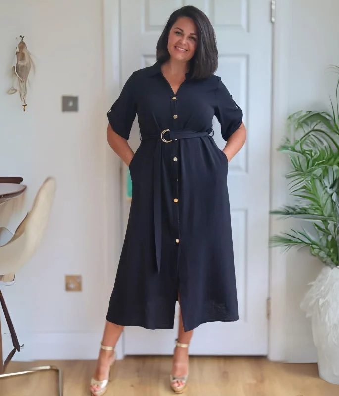 Women's Athletic Garments Black Gold Button Shirt Dress