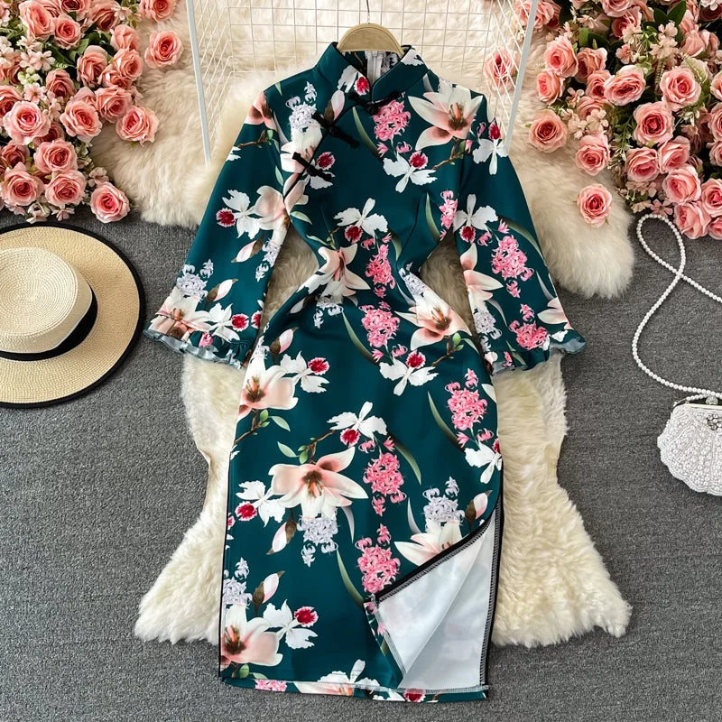 Chic Women's Clothing Online Split cheongsam lace stitched stand collar dress  3244