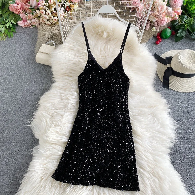 Elegant Fashion Sequin slim sexy hip strap dress  2849