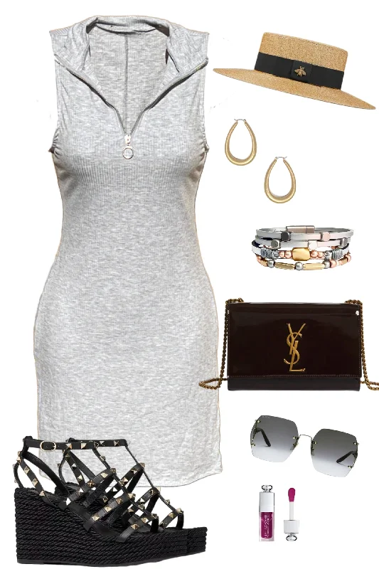 Women Clothes Zip Front Dress - Grey