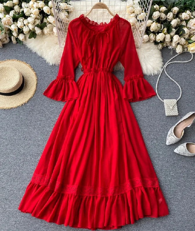 Affordable Women's Clothing Red chiffon lace dress red A line dress  993