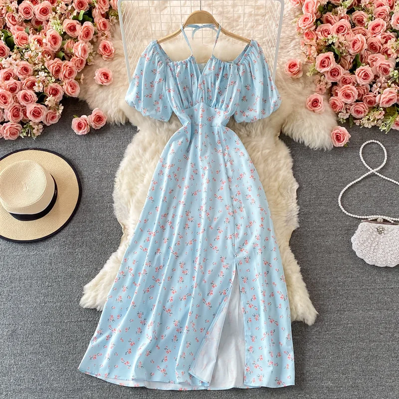 Plus Size Women's Fashion Slim waist with broken flower hanging neck square neck dress  3216
