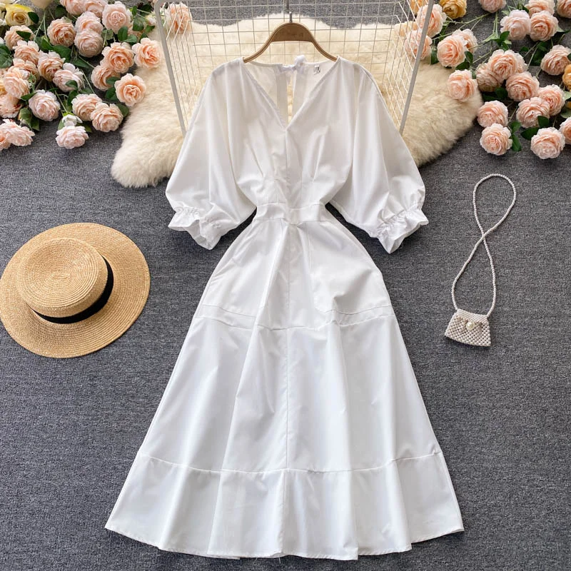 Fashion Forward White v neck A line dress fashion dress  412