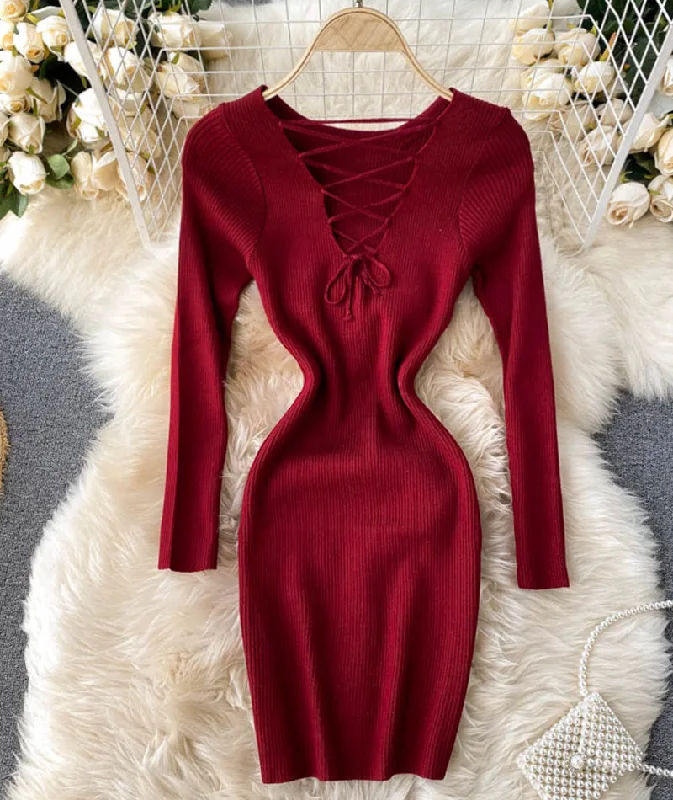 Sophisticated Fashion V neck knitted sweater dress  196