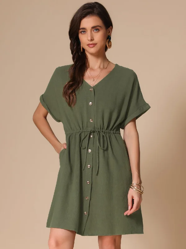 City Fashion Button Down A-Line Drawstring Waist Pocketed Dress