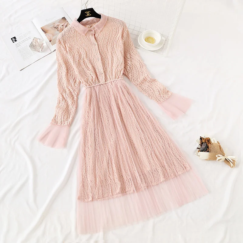 Trendy Women's Fashion Lace mesh dress French super fairy knee length skirt  4365