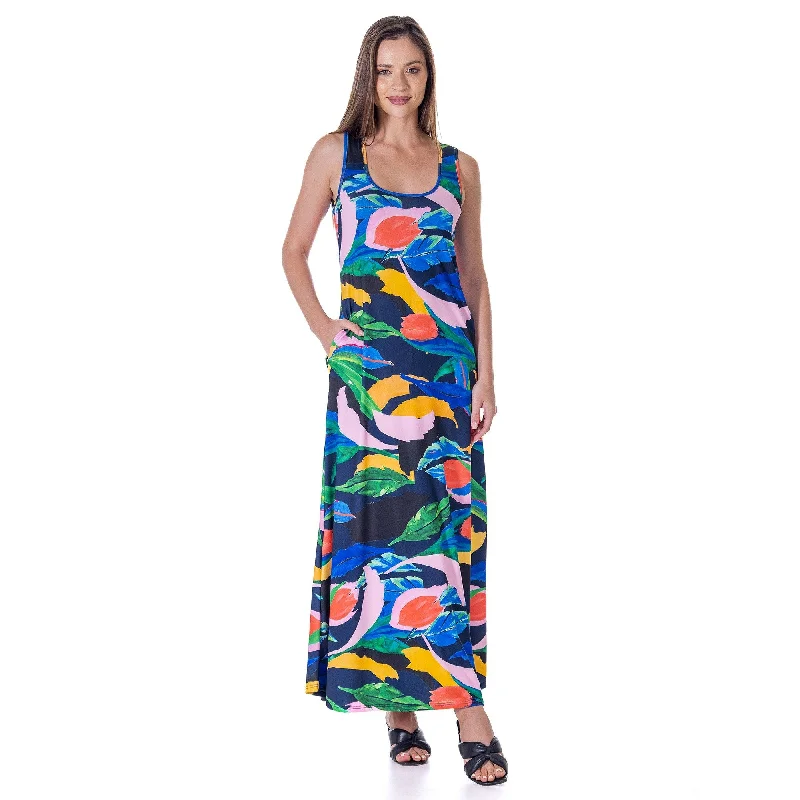 Women's Tailored Outfit 24seven Comfort Apparel Womens Teal Floral Print Sleeveless Casual Maxi Dress With Pockets