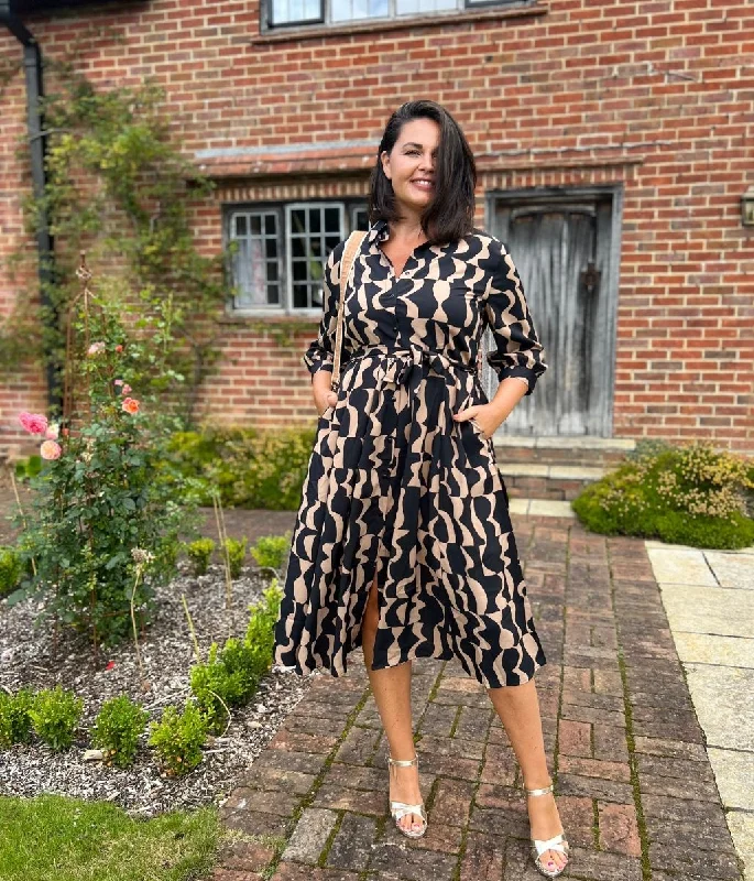 Vibrant Styles Brown Geo Print Midi Shirt Dress
