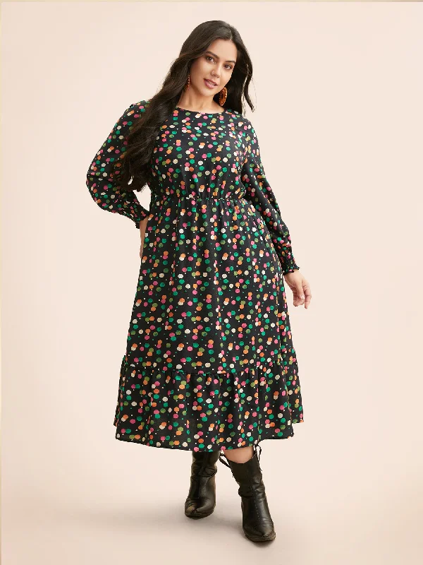 Trendy Casual Outfits Colored Polka Dot Shirred Frill Trim Dress