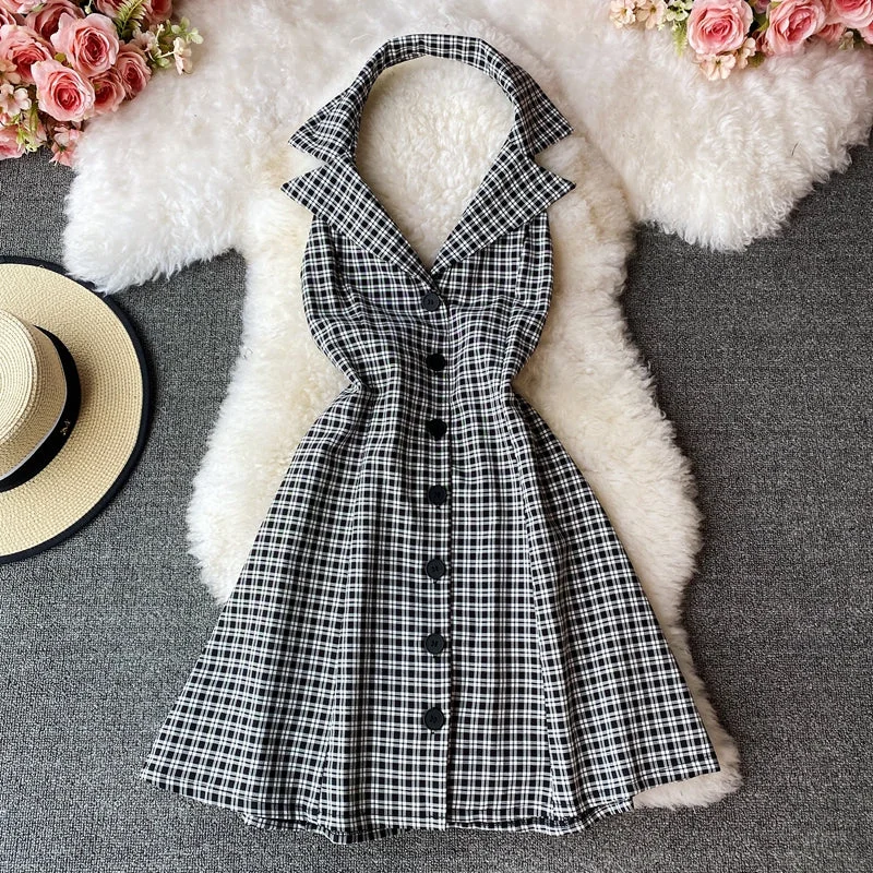 Women's Outerwear for All Weather Conditions French retro waistband neckline Plaid Dress  2966