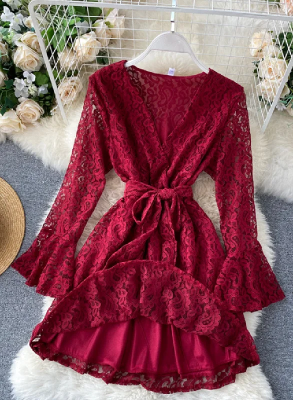 Vibrant Styles A line v neck lace short dress  1032