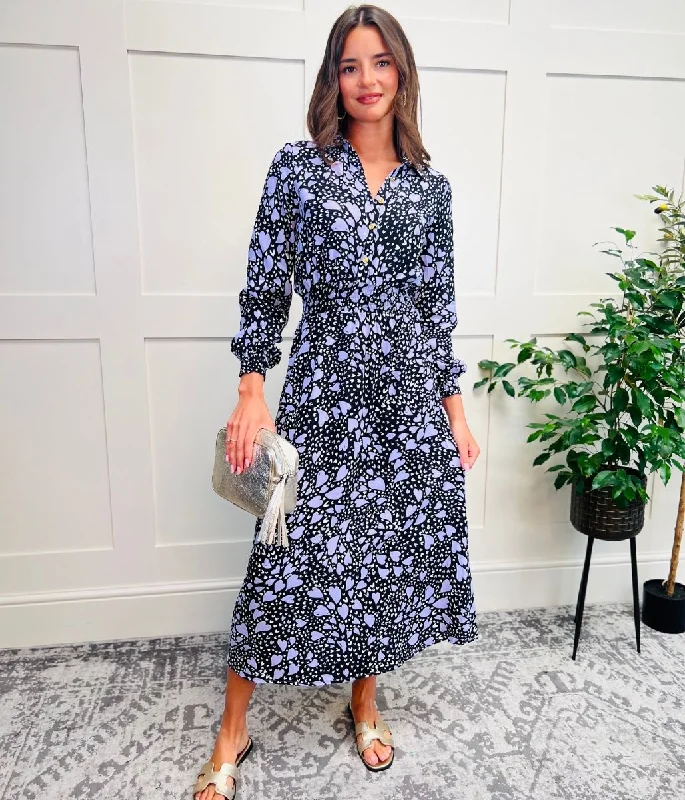 New Arrival Discounts Black Heart Print Midi Shirt Dress