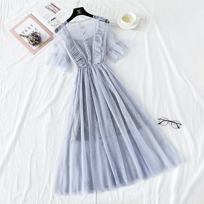 Affordable Women's Clothing Online French minority Platycodon skirt foreign style mesh dress  4476