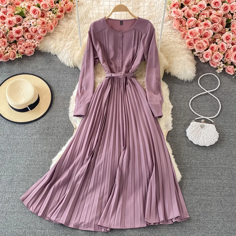 Fashionable Women's Clothing French celebrity temperament round neck Pleated Dress  3341