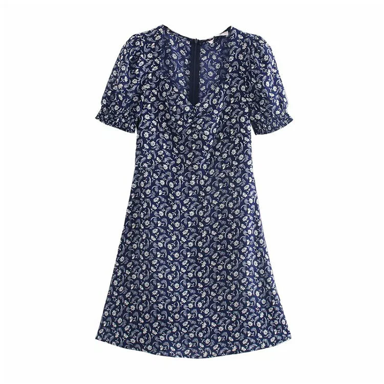 Timeless Women's Outfit Printed sexy low cut French bubble sleeve dress  7081