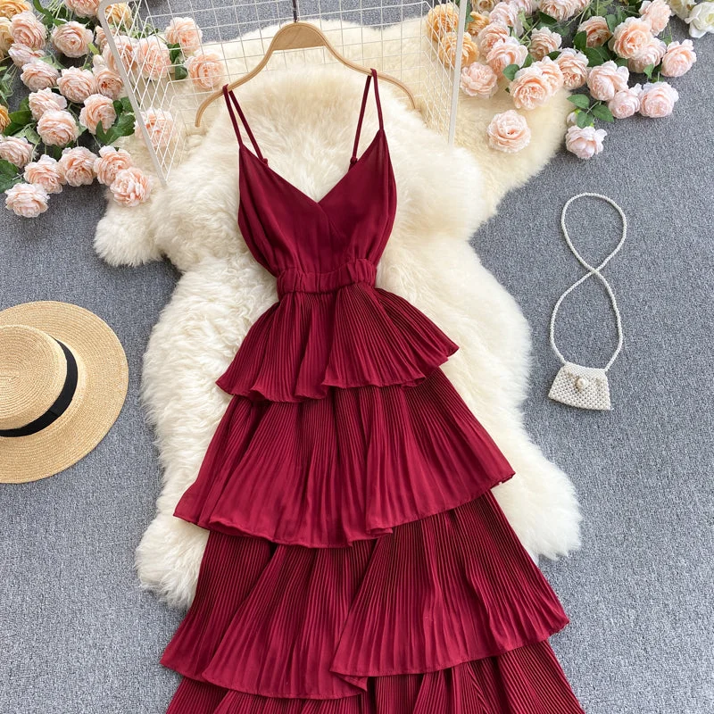 Women's Evening Garments Lovely V-neck slim mid-length pleated ruffle dress  614