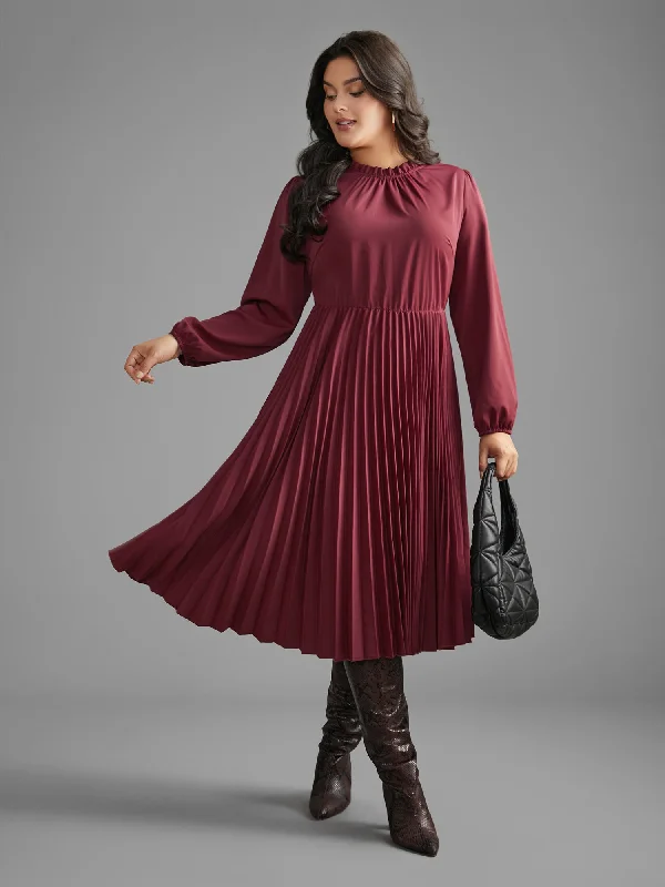 Comfy Women's Outfits for Daily Wear Mock Neck Frill Trim Pleated Dress