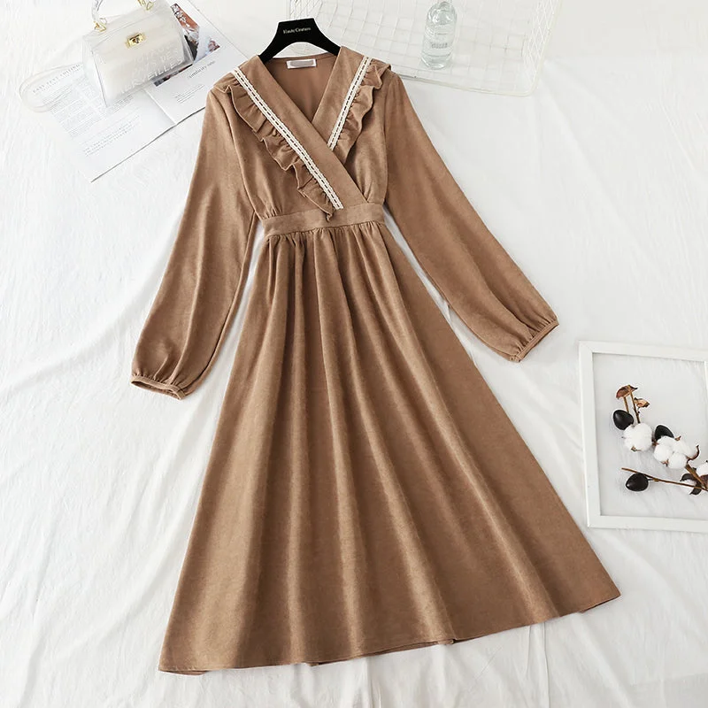 Women Apparel New Ruffle age reducing slim corduroy dress  4753