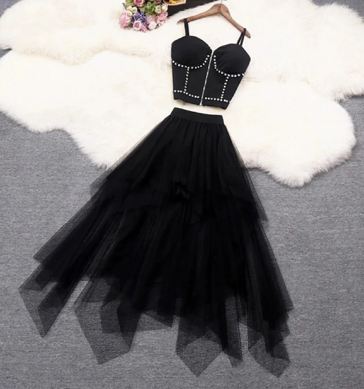 Chic Women's Outfit Black A line tulle two pieces dress fashion dress  680