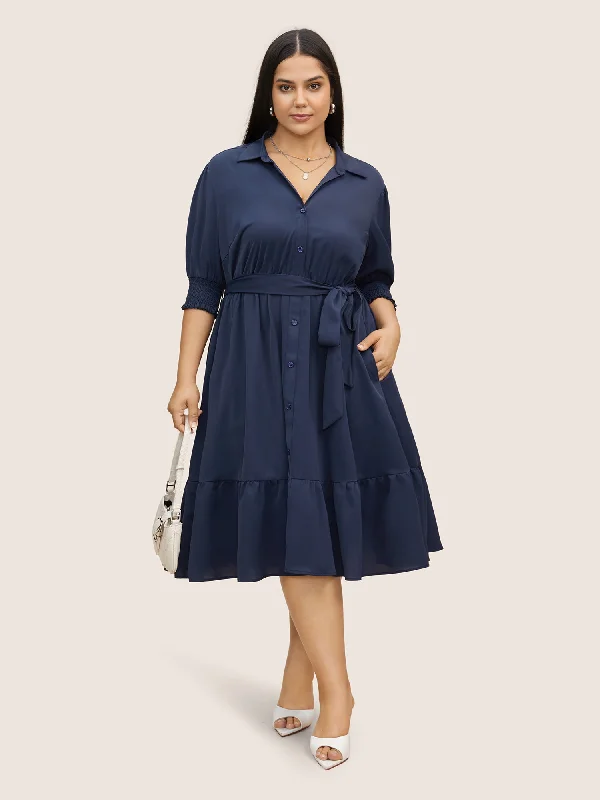 Colorful Clothing Shirt Collar Shirred Button Up Dress