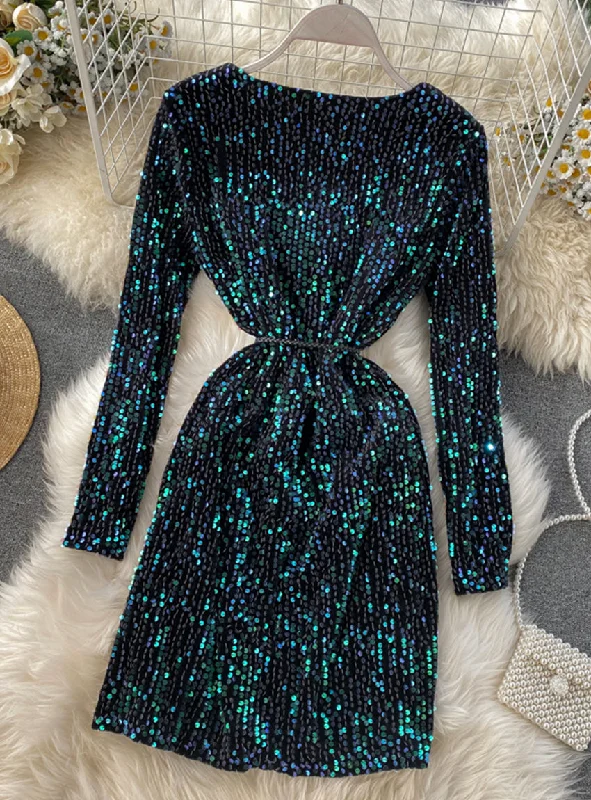 Chic Wardrobe Shiny sequined long-sleeved bag hip short dress women's dress  1173