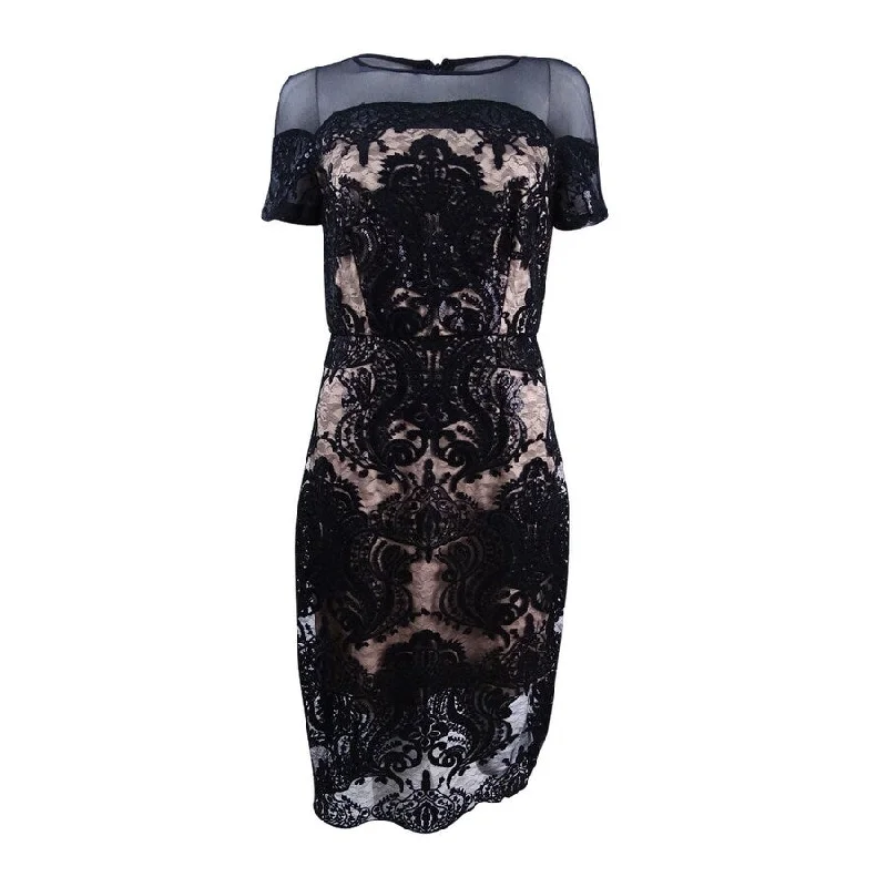 Women's Clothes JAX Women's Sequined Lace Illusion Sheath Dress (2, Black)