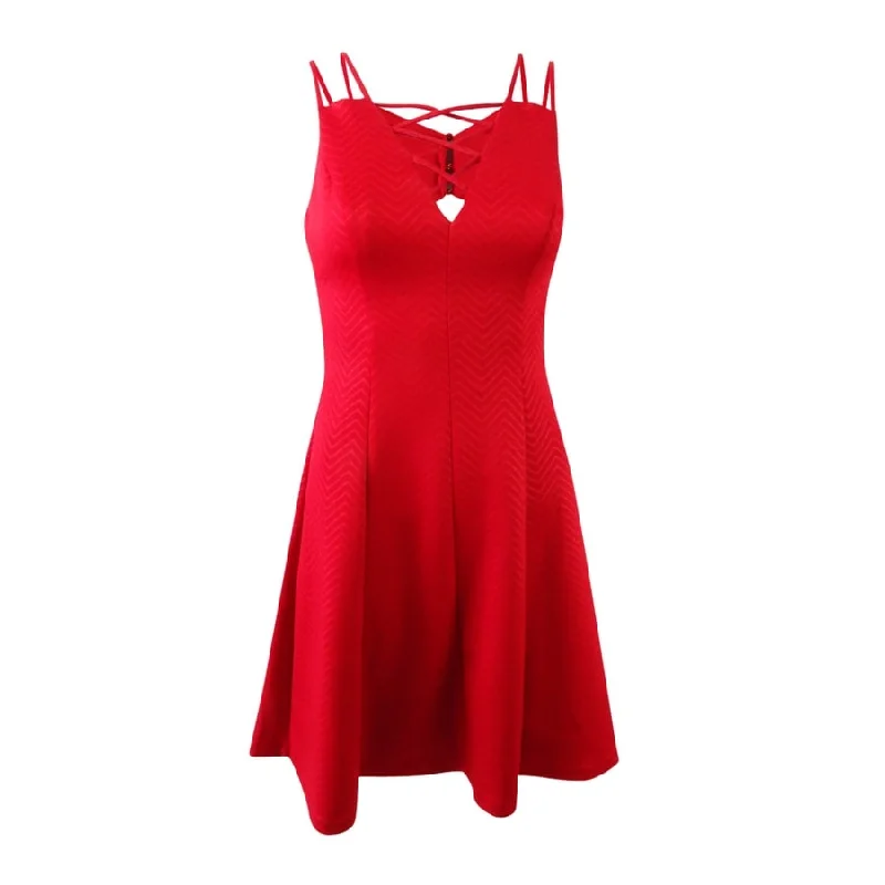 Women's Holiday Outfit GUESS Women's Embossed Lace-Up Fit & Flare Dress (2, Red)