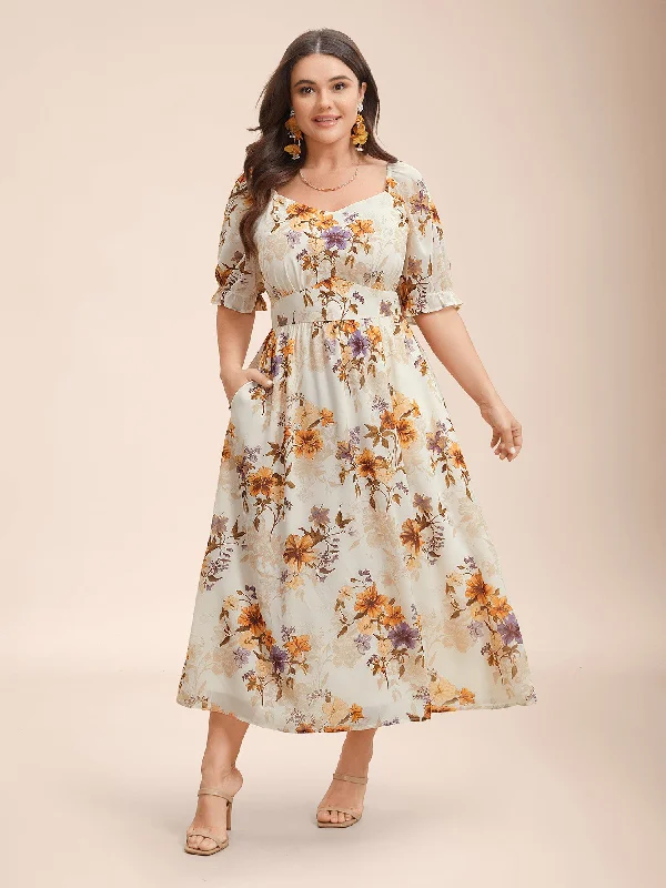 Stylish Women's Apparel Chiffon Floral Waist-Cinched Maxi Dress