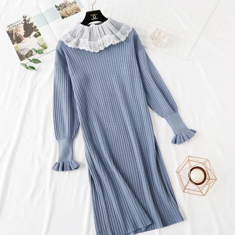 Chic Wardrobe French retro net red two piece suit doll collar lace backed knitted dress  2465