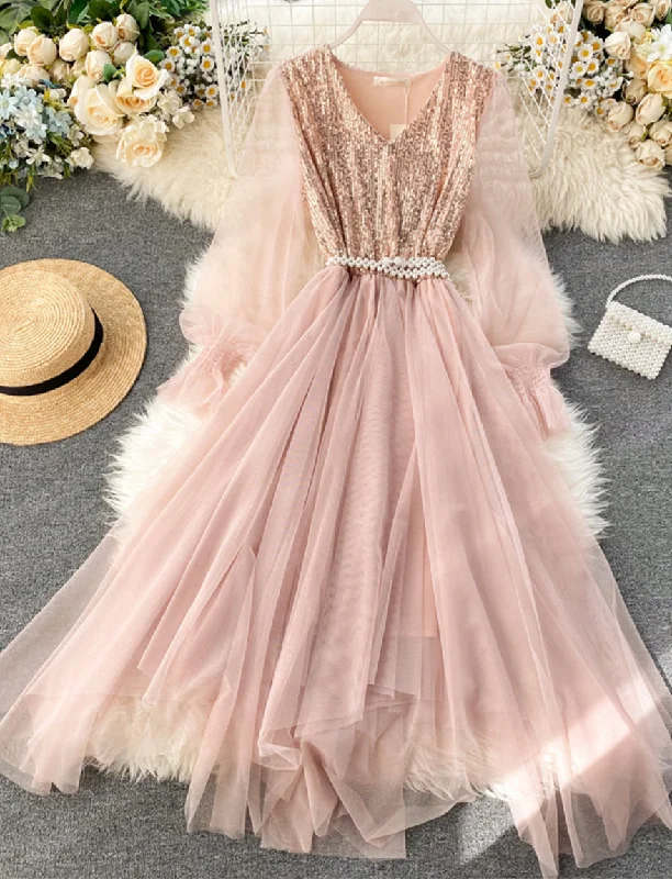 Sophisticated Style Cute v neck tulle sequins dress girl dress  1172