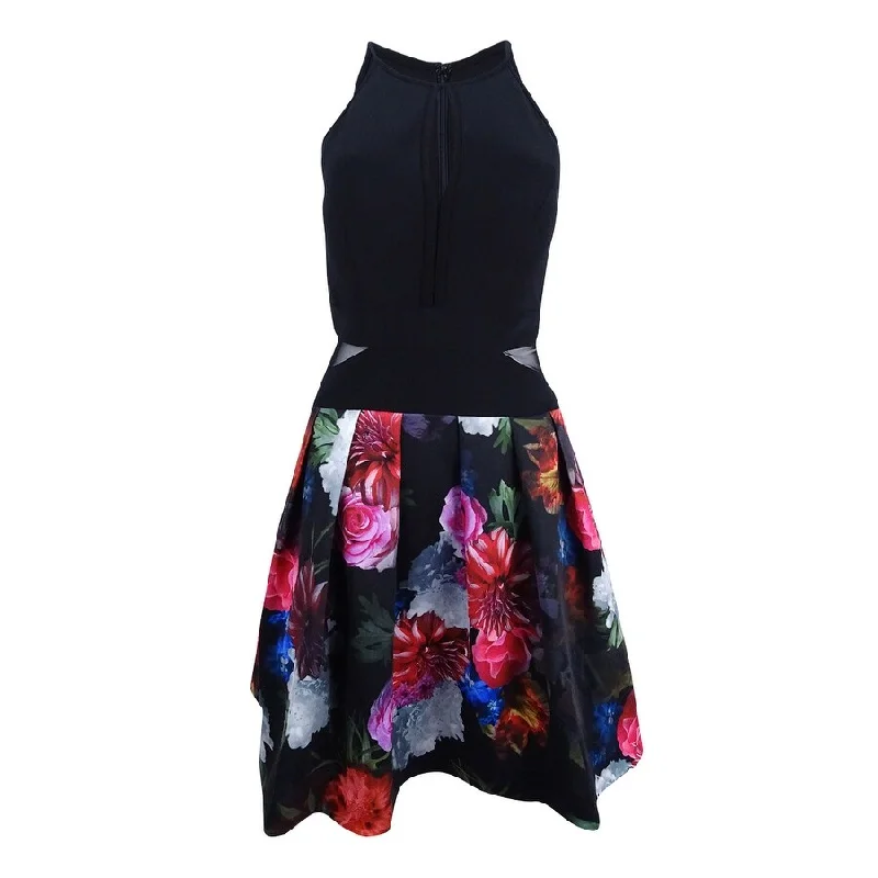Early Bird Offer X By Xscape Women's Illusion Floral-Print Fit & Flare Dress (10, Black Multi)