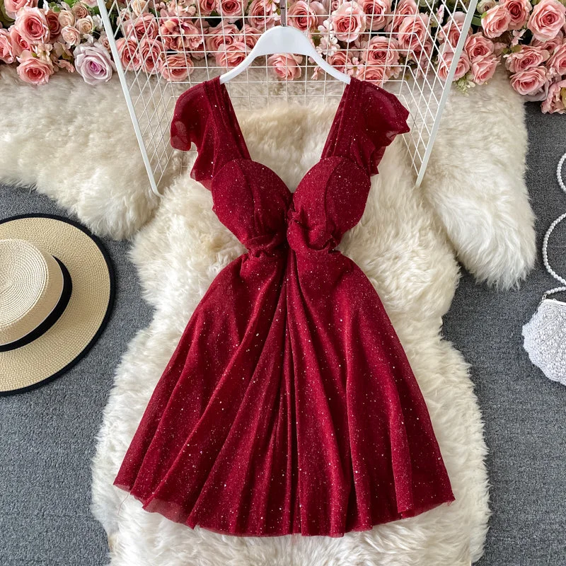 Women's Casual Outfit Sexy slim Sequin low cut V-neck A-line dress  2769