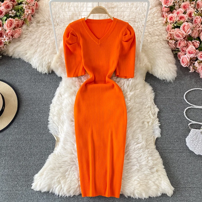 Bold and Elegant Women's Fashion Temperament bubble sleeve slim V-neck wrap hip dress  2895