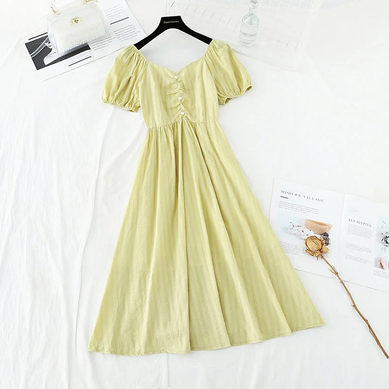 Weekend Sale New French retro bubble sleeve chicken heart neck waist dress  4674
