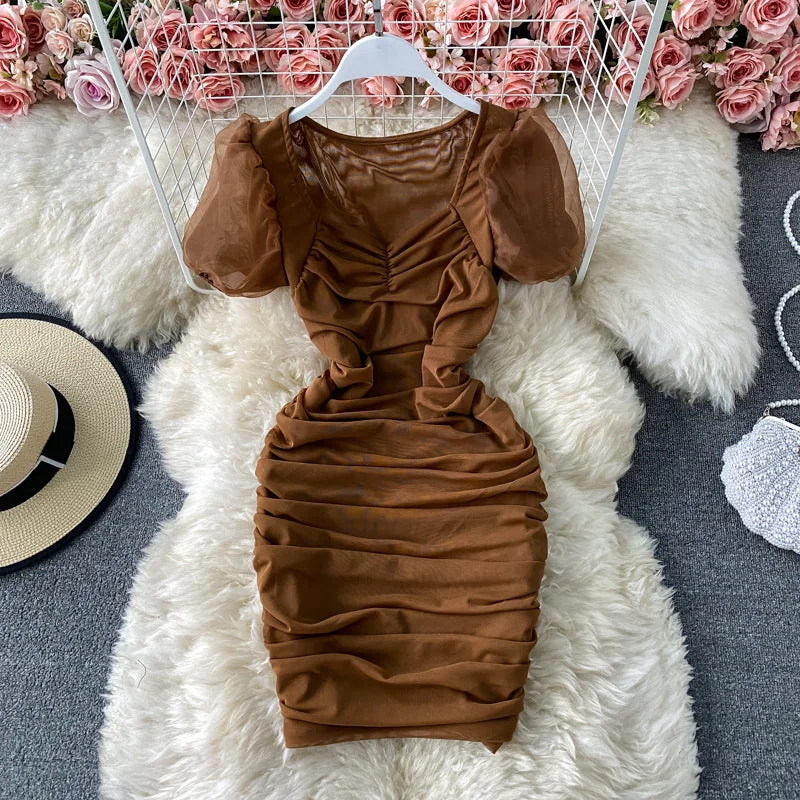 Urban Femme Streetwear French square neck bubble sleeve mesh Pleated Dress  2787