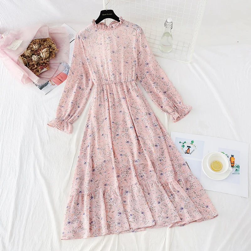 Comfortable Casual Women's Clothing New style fungus Ruffle Skirt round neck slim Chiffon Dress  4834