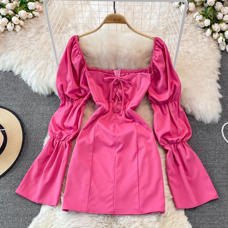Women's Chic Outerwear Outfit Bubble sleeve square neck high waist slim dress  3761