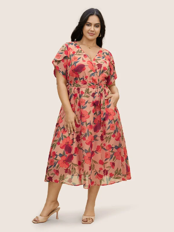 Current Trends Watercolor Floral Patchwork Petal Sleeve Belted Dress