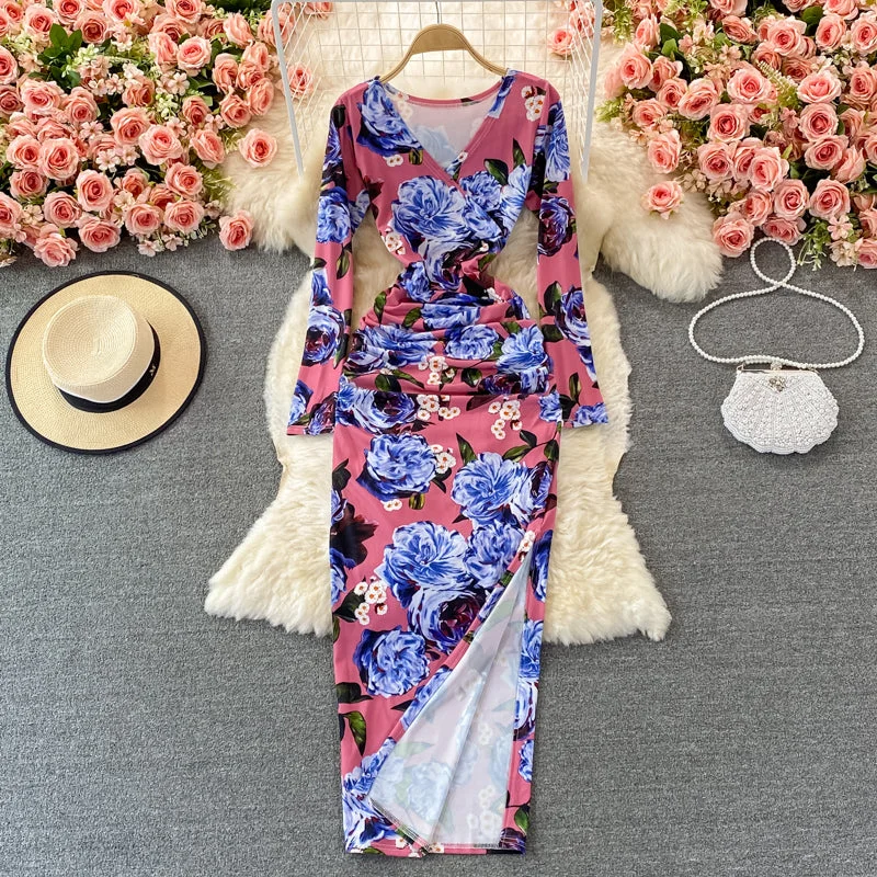 Women Fashion V-neck print slim split dress  3086
