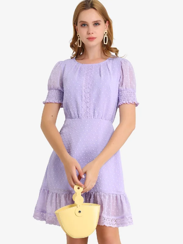 Women's Everyday Garments Elegant Short Sheer Sleeve Ruffle Hem Swiss Dots Chiffon Dress