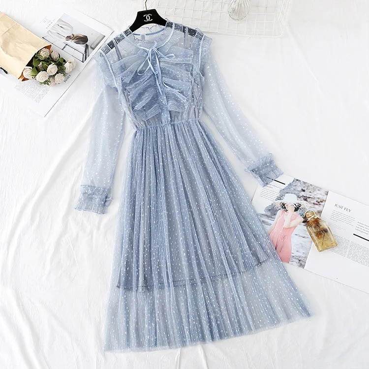 Chic Women's Garments Fairy mesh dress French retro star Sequin dress  4354
