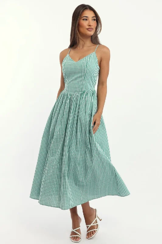 Trendy Women's Fashion Green Check Maxi Dress Singlet