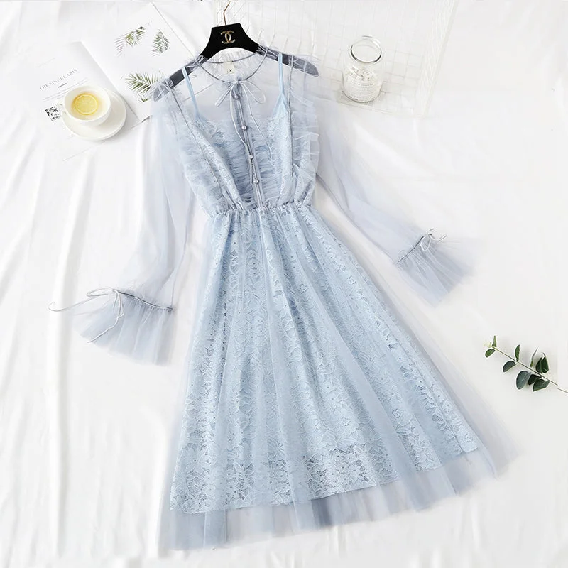 Vintage Fashion Bottom lace dress autumn and Winter Fairy mesh sling two-piece set  2462