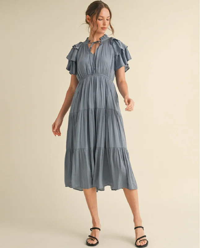 Everyday Women's Fashion Trends Solid Tiered Dress with Frilled Tie Neck